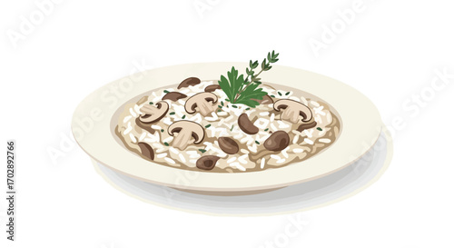 Illustration of creamy mushroom risotto garnished with fresh herbs in a white plate, showcasing culinary elegance and delectable simplicity with