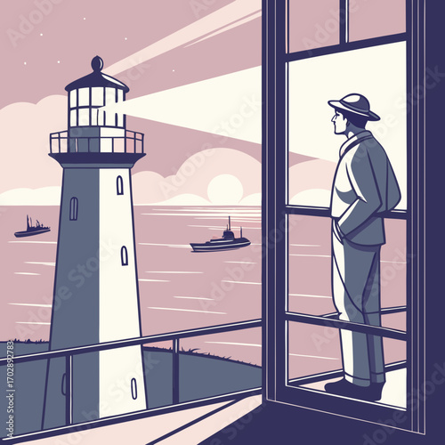 Man Watching Ships from Lighthouse Window at Sunset
