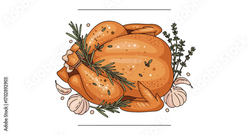 Roasted chicken illustration with rosemary and garlic accent creating a flavorful culinary design showcase, perfect for holiday feast or dinner menu