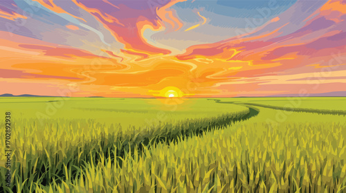 Vibrant Sunset Over a Lush Green Field with a Winding Path Keywords.