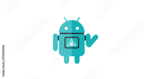 Teal Robot Character with a Friendly Wave on Pure White Backdrop Illustration, a modern technology android icon with friendly pose perfect for