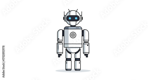 Friendly Cartoon Robot Standing Still Isolated on White Background, Vector Illustration in Flat Style, Technology Concept