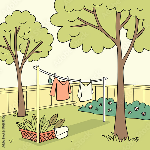 Pastel Illustration of Clothes Hanging on a Clothesline in a Garden