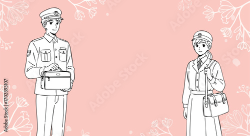 Elegant Uniformed Couple Against a Floral Backdrop