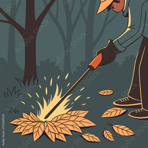 Person Burning Autumn Leaves with a Tool at Night