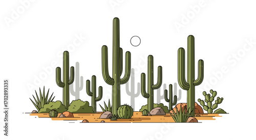 Stylized desert landscape illustration with saguaro cacti and desert vegetation under a bright sun illustration