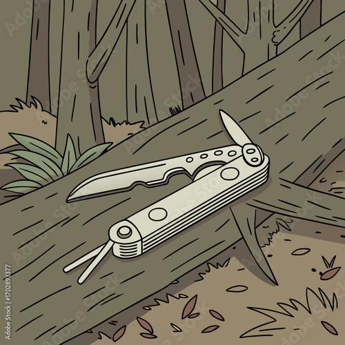 Silver Multitool on Forest Log Illustration