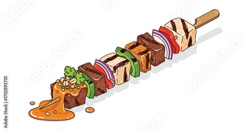 Colorful Skewered Chicken and Vegetable Kabobs with luscious sauce served on a skewer visual depiction