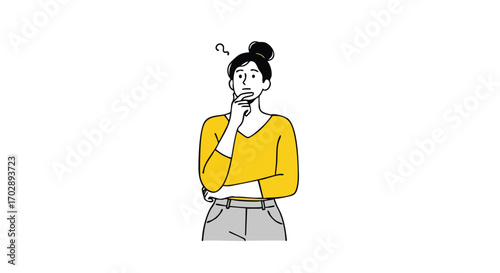 Thoughtful Woman in Yellow Contemplating Solutions & Ideas