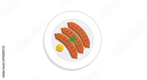 Delicious grilled sausages served with mustard and garnish on a clean white plate perfect for outdoor gatherings and casual dining experiences