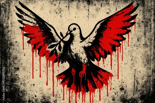 Graffiti dove with blood-dripped wings protest art. Use for anti-war campaigns, peace movement awareness, editorial illustration and non-profit advocacy projects. 
