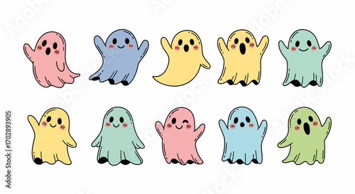 Adorable hand drawn cartoon flying ghost illustrations in pastel colors, perfect for Halloween and whimsical designs