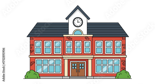 Illustration of a Classic school building with a clock tower featuring symmetrical design and detailed brickwork highlighting educational