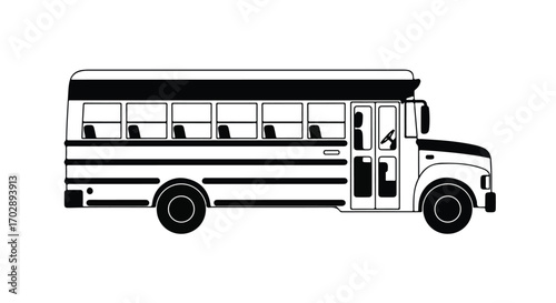 Simplified black and white illustration of a classic school bus featuring distinctive design elements and windows for transporting students