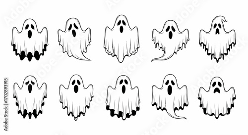 Set of hand drawn cartoon flying ghost illustrations in black and white, perfect for Halloween and spooky themes