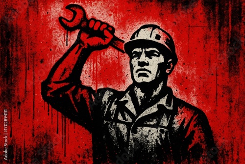 Graffiti art of worker holding wrench. Use for labor rights campaigns, union movements, empowerment marketing, and industrial history projects.
