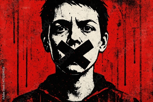 Graffiti protest art of silenced figure. Use for censorship campaigns, freedom of speech promotion, human rights awareness, and political messaging.
