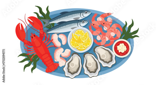 Fresh Seafood Platter featuring Lobster Mussels Shrimp and Fish with Lemon and Garnishes for a Delicious Coastal Cuisine Experience