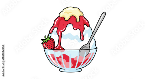Delicious strawberry and vanilla ice cream sundae topped with berry syrup and whipped cream served in a clear glass bowl with a spoon