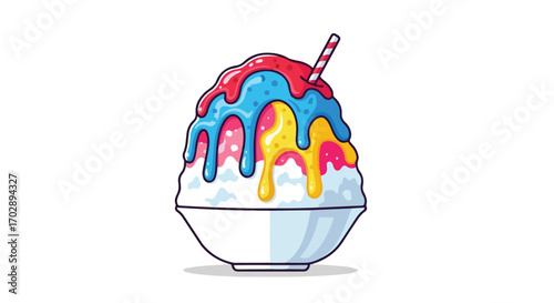 Colorful Illustration of a Sundae with Multi-Colored Toppings and a Striped Straw in a White Bowl