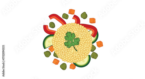 Colorful vegetable and grain salad with fresh herbs and crunchy toppings in a circular arrangement suitable for healthy eating or meal presentation