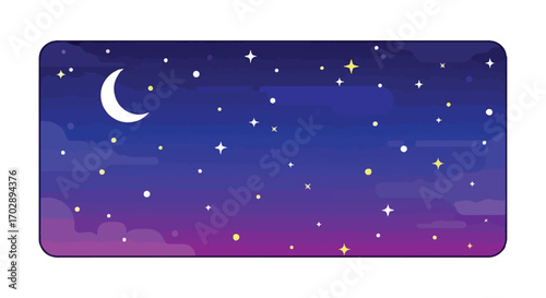 Serene night sky with crescent moon and twinkling stars against a purple and blue gradient backdrop capturing peaceful evening scenery