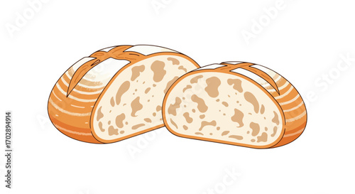 Illustration of a sliced loaf of bread showcasing soft interior and crust texture in a clean minimalist style for bakery menu designs or culinary