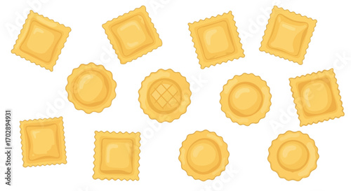 Assortment of assorted golden pasta and ravioli shaped noodles isolated on white background in variety of rounds squares and scalloped edges