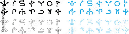 Three way arrow icon isolated on white background. 3 direction arrows sign symbol Three way direction icon set. Set of arrow direction , three arrow heads and path navigation icon - Stock Vector