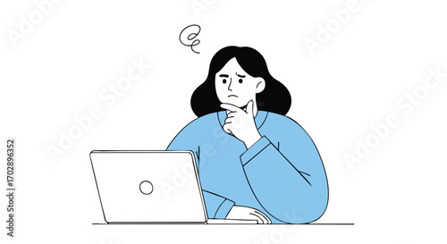 Confused woman pondering at her laptop, seeking answers or solutions in a modern workspace