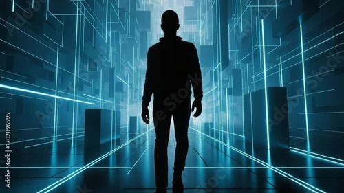 Walking Through Abstract Glowing Digital Tunnel