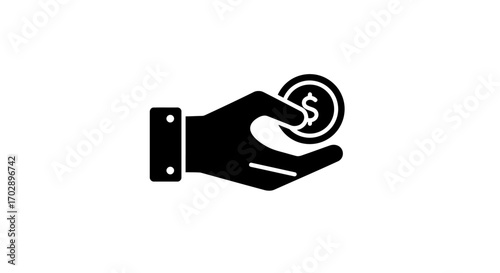 Simple silhouette icon of a hand holding a money coin for business and finance concepts