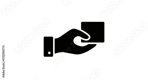 Simple black glyph icon of a hand holding a square card for payment or business concepts