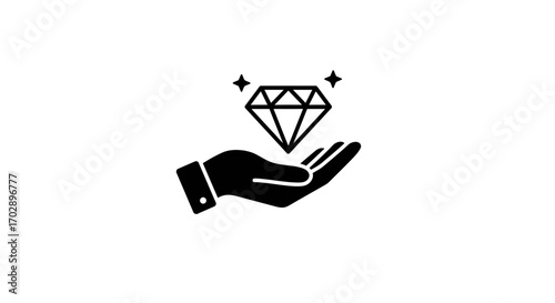 Simple line icon of a hand holding a sparkling diamond, representing wealth, value, and quality service