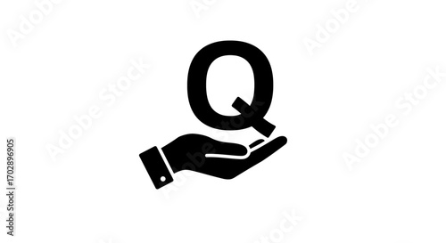 Isolated vector icon of a hand offering the letter Q for support, helpdesk, and FAQ concepts