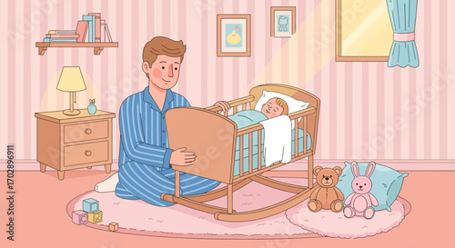 A heartwarming cartoon illustration featuring a father watching over his sleeping baby in a cozy