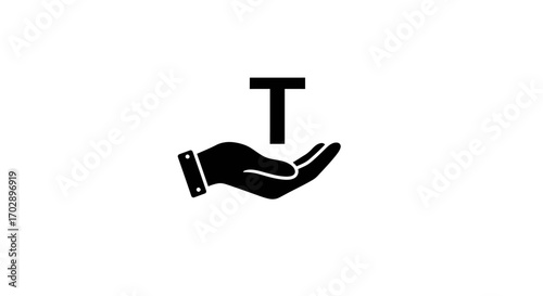 Minimalist black icon of a supportive hand with the letter T for text and technology concepts