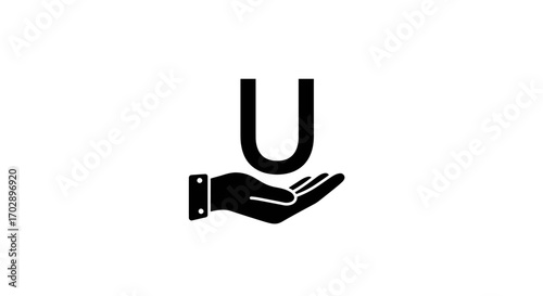 Simple glyph icon of a hand supporting the letter U, a vector symbol for personal service and user focus