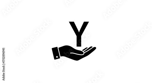 Abstract black and white icon of a human hand presenting the capital letter Y symbol