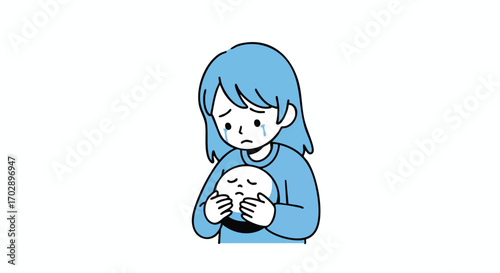 Sad girl holds crying mask expressing inner turmoil and hidden emotions during difficult times