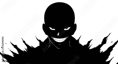 Digital illustration of a sinister shadow entity with a wicked grin emerging from dark ink
