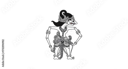 Classic Javanese wayang puppet character illustration in a traditional black and white line art style