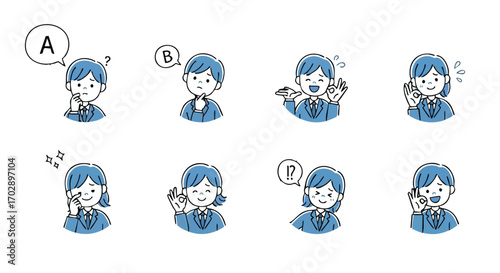 Diverse business expressions and gestures show decision making, agreement, and positive feelings