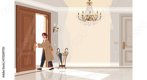 Elegant woman entering home with chandelier illuminating luxurious entrance hall