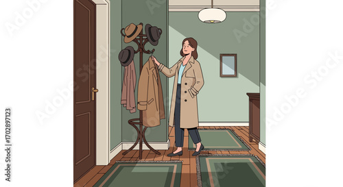 Illustration depicting a woman taking a coat from a coat rack in an entryway setting a cozy and