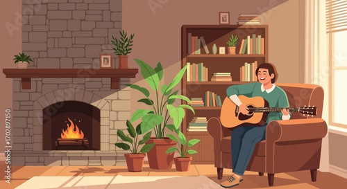 Illustration of a man playing guitar in a cozy living room with fireplace and plants