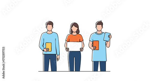 Diverse team holding informational cards for presentations or announcements