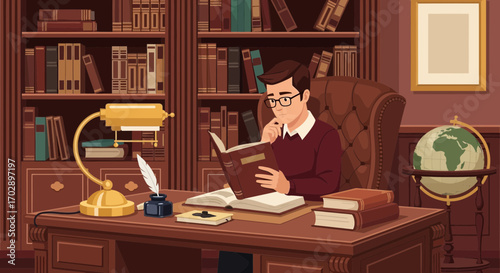 Man studying in a classic library interior with books and antique lamp illuminating a focused reader