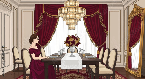 Elegantly dressed woman at formal dinner table in opulent dining room with chandelier