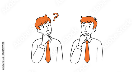 Confused businessmen pondering a difficult decision, seeking solutions and clarity in thought.